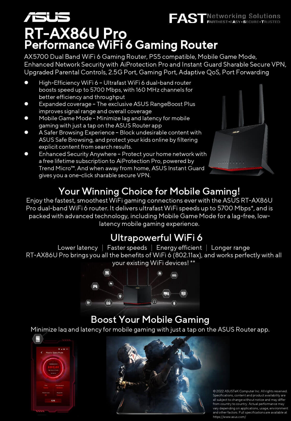 Asus RT-AX86U Pro Dual-Band AX5700 WiFi 6 PS5 Compatible Gaming Router  (Black)